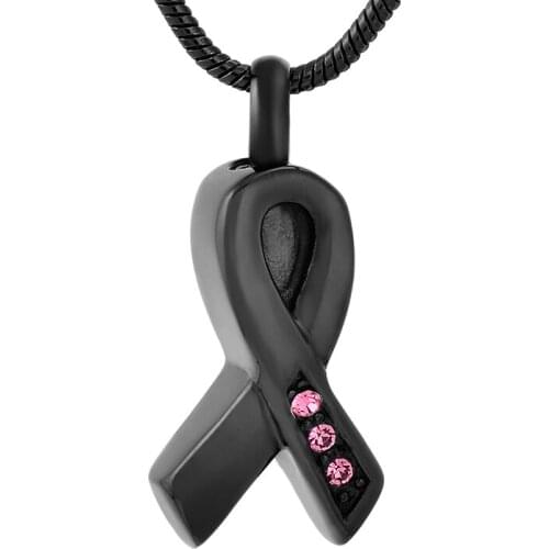 IJD8656 Crystal Ribbon Cremation Urn Necklace for Pet Ashes Stainless Steel Memorial Locket Pendant for Breast Cancer Awareness