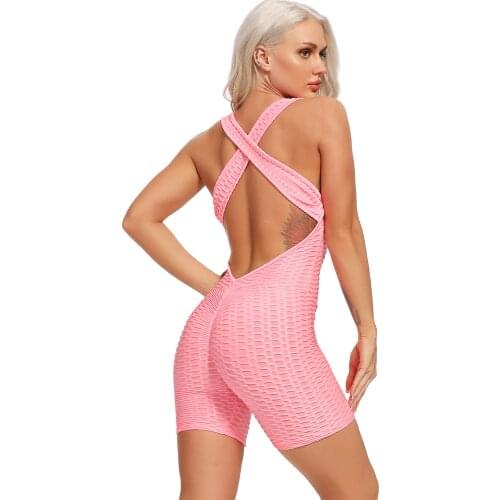 Summer Sexy Women Short Yoga Playsuit Sports Clothes Fit Stretchy Gym Exercise Strappy Backless Casual Rompers Textured Jumpsuit