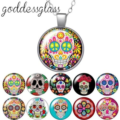 Punk Fashion Rose Skull flowers patterns Round Glass glass cabochon silver plated/Crystal pendant necklace jewelry for Gift