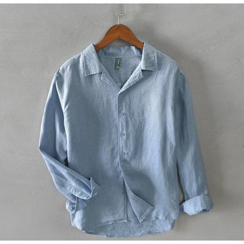 Autumn New Men Long Sleeve Shirt Solid Turn-down Collar Classic All-Match Male Casual 100%Linen Tops Clothes Y3446