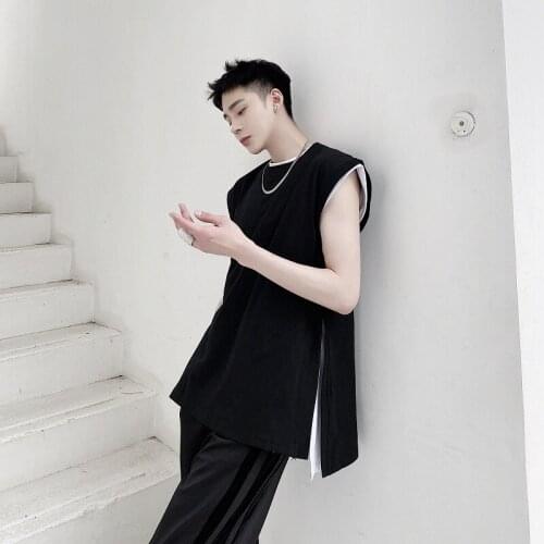 Mens Streetwear Casual Side Split Black White Tops Vest Mens Fashion Loose Sleeveless T-shirt