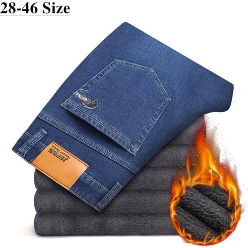 Large Size 40 42 44 46 2020 Winter New Mens Warm Thick Jeans Slim Fit Straight Elastic Business Casual Fleece Trousers Brand
