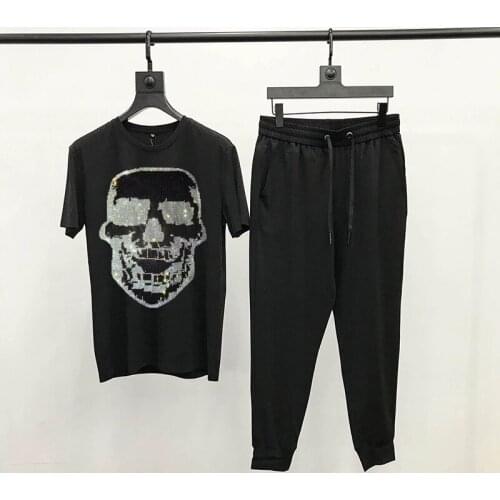 Mens Hot Sale Style T-Shirt Brand Good Quality Pure Cotton Tracksuit Animal Super Shiny Cartoon Rhinestone Sets