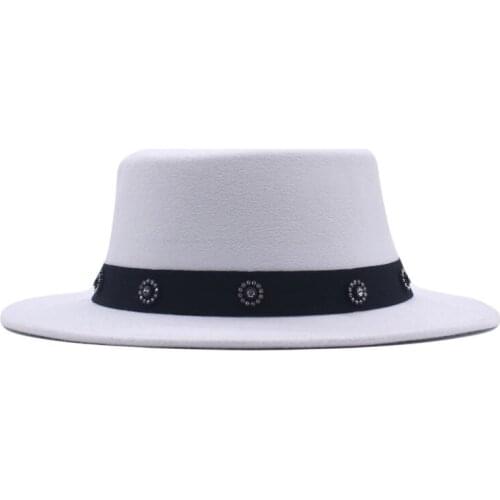 2021 New Wool Flat Top Hat Womens Felt Wide Brim Fedora Hat Laday Elegant Ribbon Chapeu de Feltro Men Bowler Gambler Top Hat