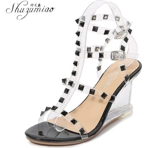 Shuzumiao Sandals Women 2021 New Femmes Shoes Sexy Transparent Crystal Striptease Rivet High Heels Ladies Party Shoes Wedge Heel