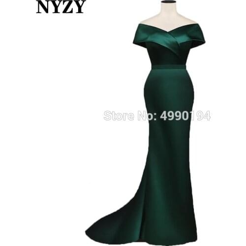 NYZY E60 Emerald Green Evening Dresses Long Mermaid Off Shoulder Satin Simple Elegant Party Gown vestidos de festa 2019