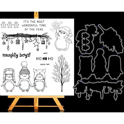 Christmas Three Penguins Metal Cutting Dies and Clear Stamp Set for DIY Scrapbooking Photo Album Decoretive Embossing Stencial
