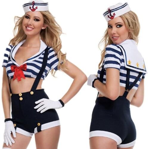Sexy Adult Women Sailor Costume Female Navy Exotic Uniform Cosplay Underwear Set Suspenders Shorts Top with Hat