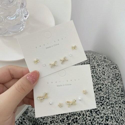Fashion S925 New Cats Eye Stone Bow Stud Earrings Three-Piece Set Temperament Small Exquisite Earrings Female Trend
