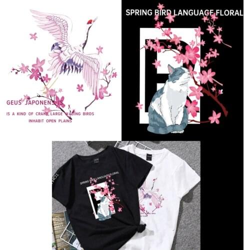 Chinese Style Flower Crane Iron On Patches For DIY Heat Transfer Clothes T-Shirt Thermal Stickers Cartoon Cat Printing Decor