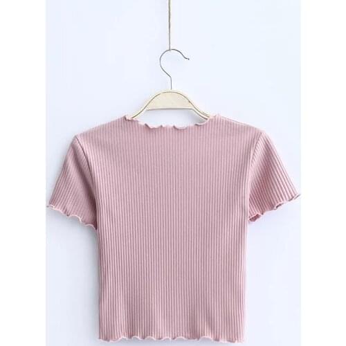 Vintage Wood ears O neck Short sleeve T-shirt 2021 New Woman Slim Fit t shirt tight tee Summer Retro Tops 6 colors