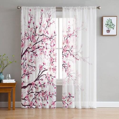 Cherry Blossom Plum Branch Pink White Tulle Sheer Window Curtains for Living Room Kitchen Children Bedroom Voile Hanging Curtain