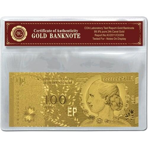 WR Festival Souvenir Gifts 100 Pesos Argentina Gold Banknote Decoration Craft 24k 999.9 Gold Plated Paper Money Ornament