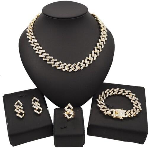 Yulaili Fashion Jewelry Sets for Women Golden Crystal Chain Necklace Earrings Bracelet Ring Wedding Jewelery Gifts Wholesale