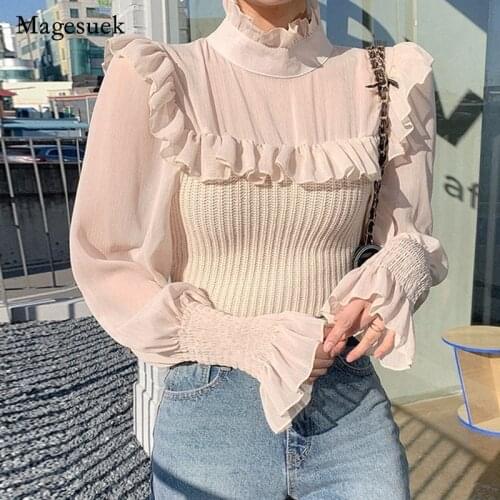 2021 Autumn New Mesh Blouse for Women Ruffle Stand Collar Stitching Knitted Sweater Elegant French Long Sleeve Shirt Blusa 16721