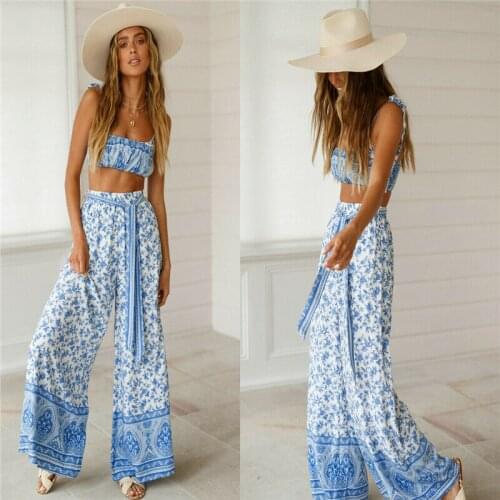 Women 2Pcs Outfit Set Sexy Sleeveless Strap Crop Tops Loose Wide Leg Long Pants Set Floral Print Boho Casual Clothes Set