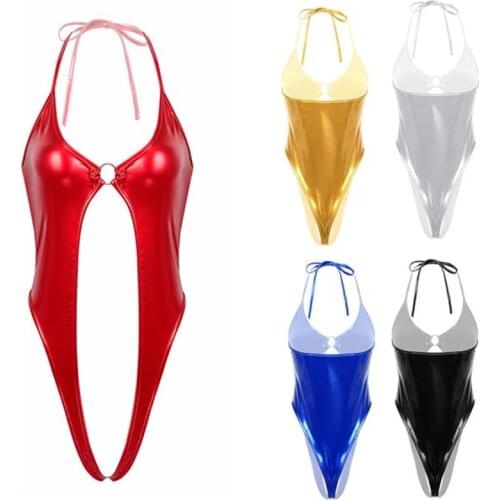 Womens Bodysuit Shiny Metallic One-piece Lingerie Deep V Neck Front Cutout Low Back High-cut Thong Leotard Bodysuits