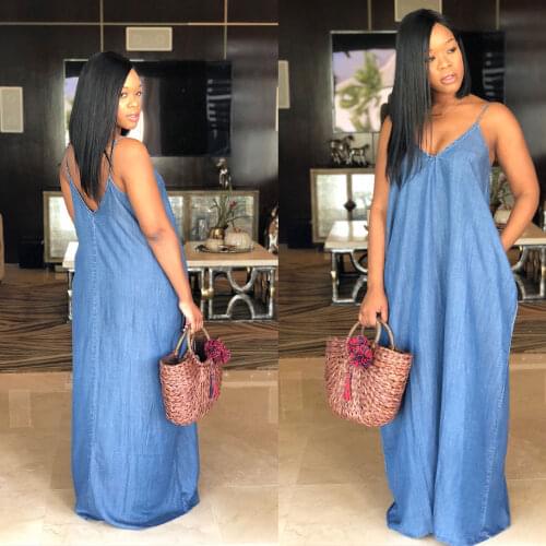 2021 Summer Casual Large Pocket Maxi Dress Plus Size Womens Sleeveless Sexy Backless Blue Robe Loose Denim Long Dress Vestidos