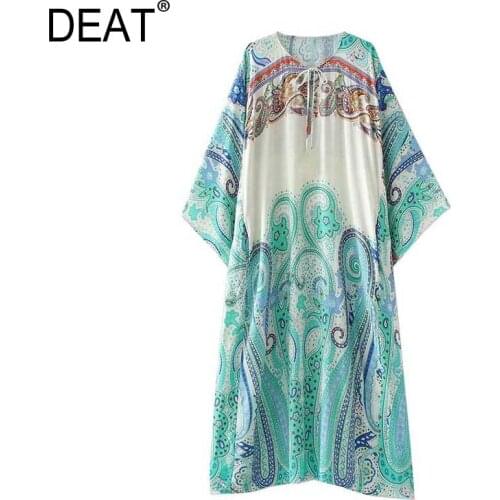 [DEAT] 2021 Summer New Fashion Tide Round Neck Knee-length Printing Long Sleeve Loose Elegant Dress Women 13C934