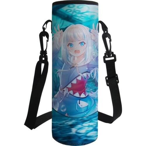 2021 Gawr Gura Hololive Anime Print Water Bottle Carrier Cover Shoulder Strap Kettle Pouch Outdoor Travel Insulat Bag 500-1000ML