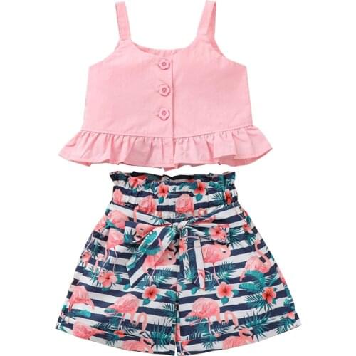 2021 Baby Summer Clothing Girl Set, Sleeveless Sling Tops and Cartoon Print Shorts Two-piece Suit for Vacation Birthday Party