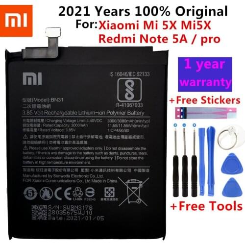 Xiao Mi Original Phone Battery BN31 for Xiaomi Mi 5X Mi5X Redmi Note 5A / Pro Mi A1 Redmi Y1 Lite S2 3000mAh Batteries + Tools