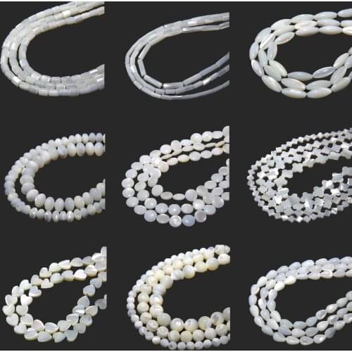 White Natural Mother of Pearl Shell Beads Rondelle Heart Oval Round Freshwater Shell Beads for Jewelry Making DIY 15" Per Strand