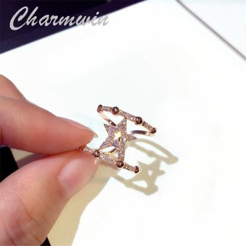 Charmwin New Fashion Open Rings For Women Wide Rings Rose Gold And Silver Color Rhinestone Star Adjustable Rings Girl Gift