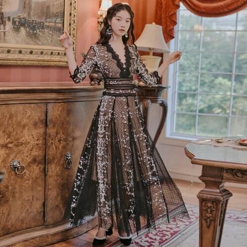 Black Sexy Mesh Floral Embroidery Maxi Dress Women 2021 Summer New Vintage Deep V-neck Ankle-Length Party Dress Elegant Vestidos