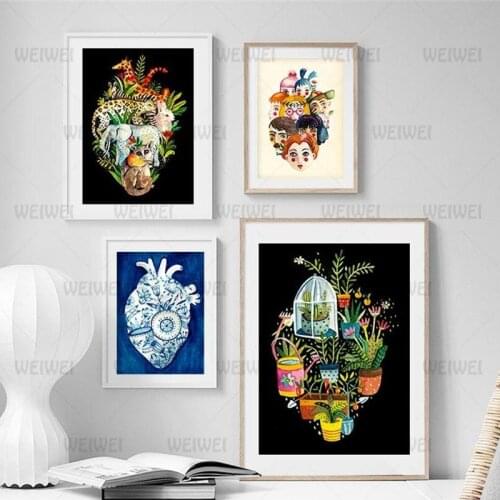 Home Canvas Cartoon Character Planet Inside Abstract Painted Heart Poster Wall Art Decoration Canvas Painting Hd Print