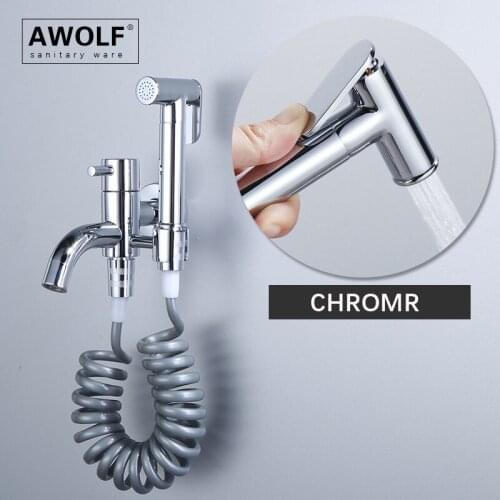 Solid Brass Chrome Handheld Toilet Bidet Sprayer Dual Handle Bathroom Douche kit Faucet Spout Shiny Silver Shattaf Shower AP2255