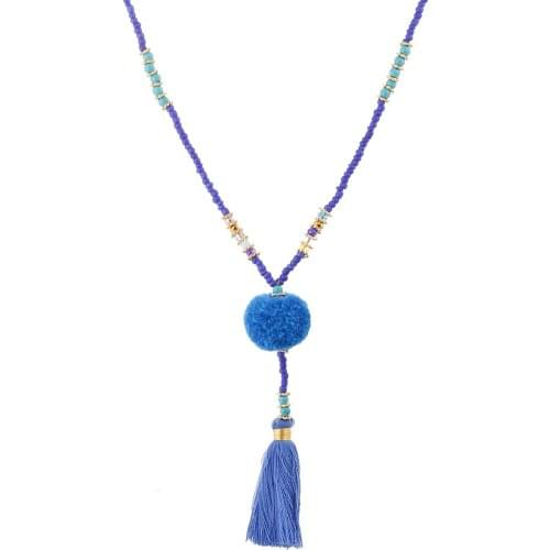 Lureme Bohemia Beaded Stone Tassel Necklace with Pom Pom Pendant for Women Long Necklaces Sweater Chain (nl005474)