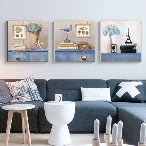 Mediterranean Landscape Poster Shell Seaweed Wall Art Bird Fish Canvas Art Paintings Prints Bathroom Pictures for Living Room De