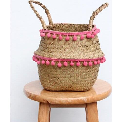 New Household Foldable Natural Seagrass Woven Storage Pot Garden Flower Vase Hanging Basket With Handle Storage Bellied Basket