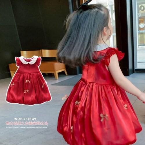 Girls Dress Summer Red Baby Princess Dressest Korean Childrens Clothes Toddler Girl Fashion Wedding Cute Wear + Headband