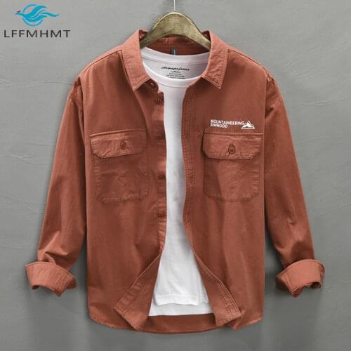 New Cotton Long Sleeve Lapel Shirts With Pockets Men Vintage Japan Style High Quality Casual Wild Slim Fit Comfortable Print Top