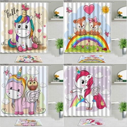Unicorn Shower Curtains With Bath Mat Set Non-slip Rugs Cartoon Animal Rainbow Butterfly For Childrens Bedroom Bathroom Decor