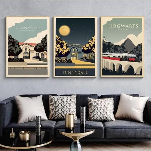 Nordic Vintage Travel Poster Train illustration Landscape Art Canvas Painting Wall Picture For Living Room Home Decoration Decor