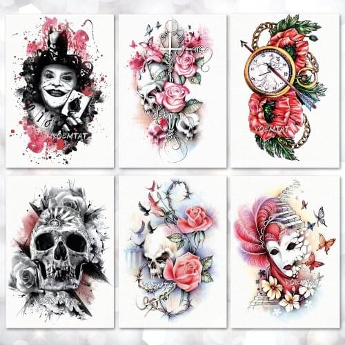 Waterproof Temporary Tattoo Sticker Flower skull joker clown pattern tattoo Water Transfer body art fake tattoo for women men