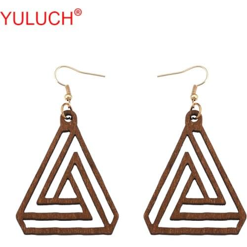 YULUCH Popular ethnic retro woman jewelry accessories handmade wooden triangle hollow loop pendant party earrings gift