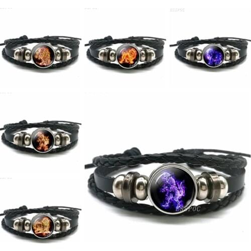 Cat Lion Simba Elephant Dog Purple WISP Jewelry Glass Dome Black Button Leather Bracelet Female Male Accessories Gift