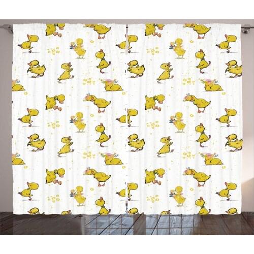 Funny Duck Curtains Yellow Cute Animal Bird Pattern Satin Fabric Drapes for Living Room Bedroom 2 Panel Window Set