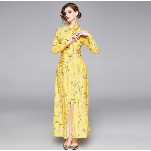 2021 Spring Runway Flower Print Yellow Maxi Dress Womens Long Sleeve Split Vacation Party Long Dress With Belt K5511