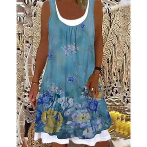 Women Dress Fashion Casual Sleeveless Floral Print Dresses Lady Round Neck Splice Summer Dress Knee Length Dresses