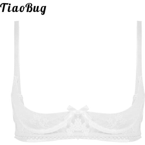 Womens Sexy Lingerie Adjustable Straps Open Cups Sheer Lace Pearl Trims Pushup Underwired Transparent Erotic Bra Tops Underwear