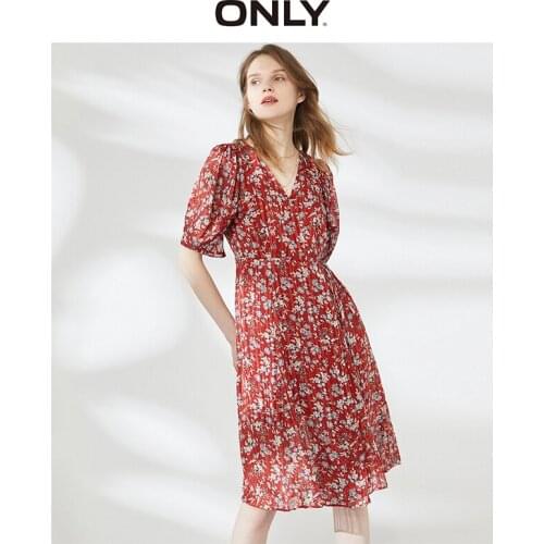 ONLY summer new style V-neck casual floral chiffon puff sleeve mid-length dress female | 120107683