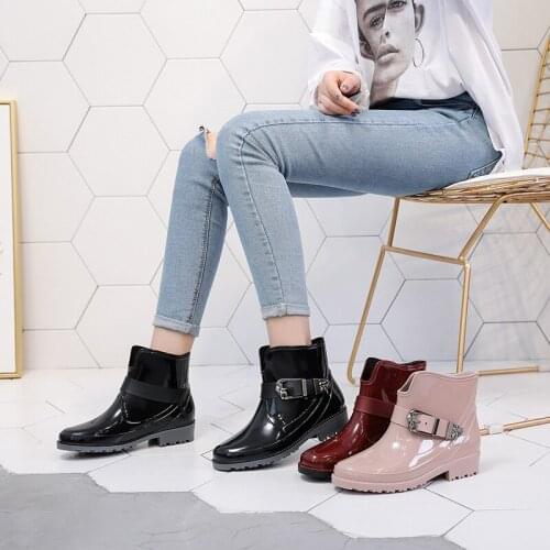 2019 New Kid Fashion PVC Rain Boots Waterproof Women Ankle Martin Boots Buckle Water Shoes Size 36-40 Woman Non-slip Rainboots