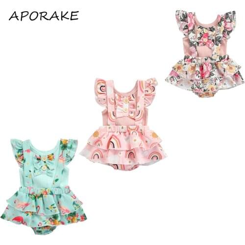 2021 0-18M Sweet Infant Summer Girl Clothes Rainbow/Floral Print Ruffle Short Sleeve Button T-shirt+Layered Suspender Tutu Skirt