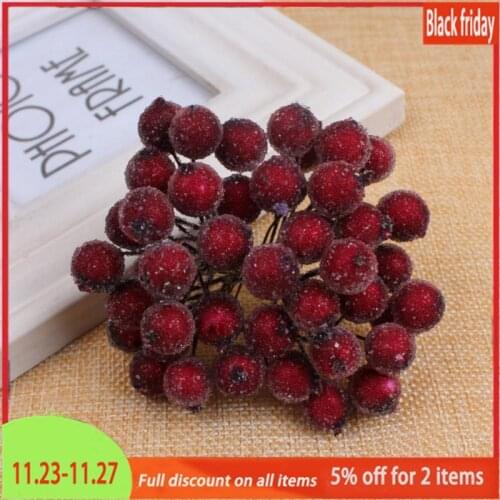 40pcs Mini Christmas Frosted Artificial Berry Vivid Red Holly Berries Christmas Tree Decorative Artificial Flowers Double Heads