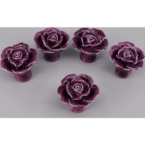6PCS purple colored ceramic rose cabinet knobs dresser drawer handles cupboard knobs kitchen handle closet knobs